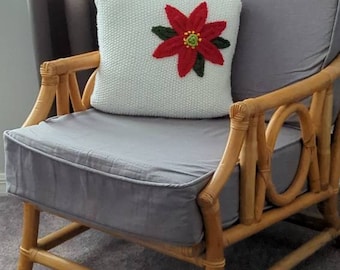 Christmas Poinsettia Red White 16"x16" Throw Pillow Accent Pillow Decorative Pillow Hand Knit Pillow Home Decor Hypoallergenic Ready to Ship