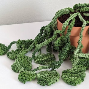 May include: A crocheted plant with green leaves hanging from a terracotta pot. The plant is made of yarn and has a realistic appearance.