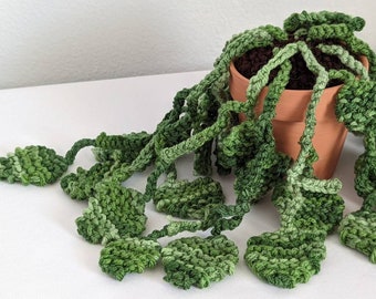 Hand Knit Variegated Green Pothos Vine Hanging Plant w/ 3" Terracotta Pot Faux Indoor House Plant Garden Home Decor Ready to Ship Gift