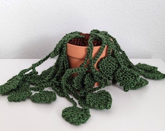 Hand Knit Pothos Plant in Terracotta Pot: Dark Forest Green Faux Plant