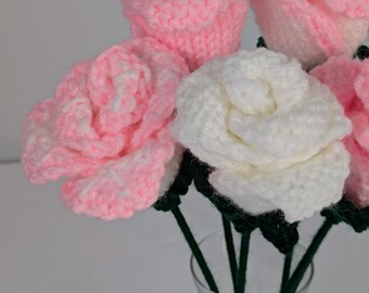 Hand Knit Faux Half Dozen (6) Two Toned Pink and White Rose Bouquet Ready to Ship