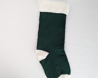 Hand Knit One of a Kind Hunter Green and White Textured Christmas Stocking Ready to Ship