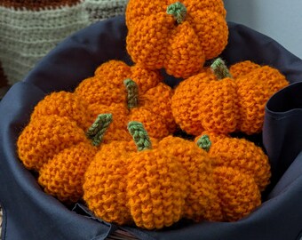 Hand Knit Seed Stitch Set of 6 Orange Pumpkins with Green Stems Pumpkin Patch Fall Decor Thanksgiving Decor Ready to Ship