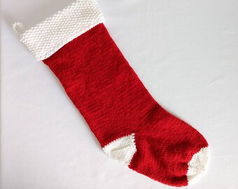 Hand Knit One of a Kind Red & White Seed Stitch Textured Cuff Christmas Stocking Christmas Decor Ready to Ship