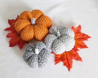 Hand Knit Pumpkin Patch Set of 3 Orange Grey Speckle Stackable Pumpkins Fall Decor Thanksgiving Decor Ready to Ship