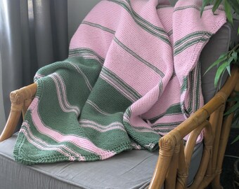 Hand Knit Throw Blanket: Pink and Green Asymmetrical Stripe, 60" x 60"