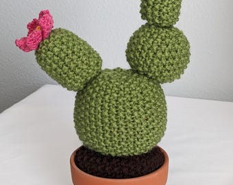 Hand Knit Cactus Decor: Green Cactus with Pink Flowers