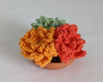 Hand Knit Red Orange Green Mini Cluster Succulent w/ Terracotta Pot Saucer Fake Faux Indoor House Plant Garden Home Decor Ready to Ship Gift