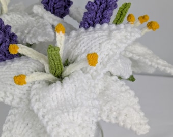 Hand Knit White Lily & Lavender Faux Floral Bouquet