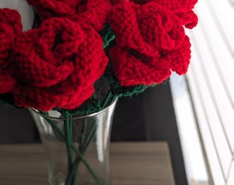 Hand Knit Faux Half Dozen (6) Red Rose Bouquet Ready to Ship