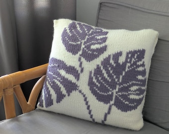 Knit Throw Pillow: Purple Monstera Leaf on Antique White, 16"x16", Hypoallergenic