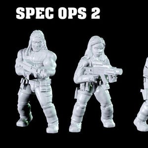 May include: Four gray miniature figures in combat poses, each holding a rifle. The figures are wearing tactical gear and are set against a black background. The text "SPEC OPS 2" is at the top.