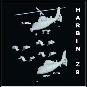 May include: A detailed, unpainted model kit of a helicopter, featuring the text "Z-9WA" and "Z-9W". The kit includes the main body, rotor blades, and various separate components. The word "HARBIN" and the number "9" are also visible.