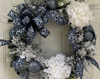Elegant Blue and Silver Christmas Ball Wreath for Front Door, Bright ...