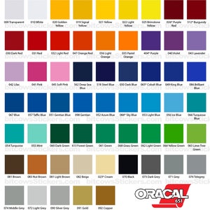 May include: A color chart with 100 different colors, labeled with numbers and names. The chart is made by Oracal and the number 651 is visible in the bottom right corner.