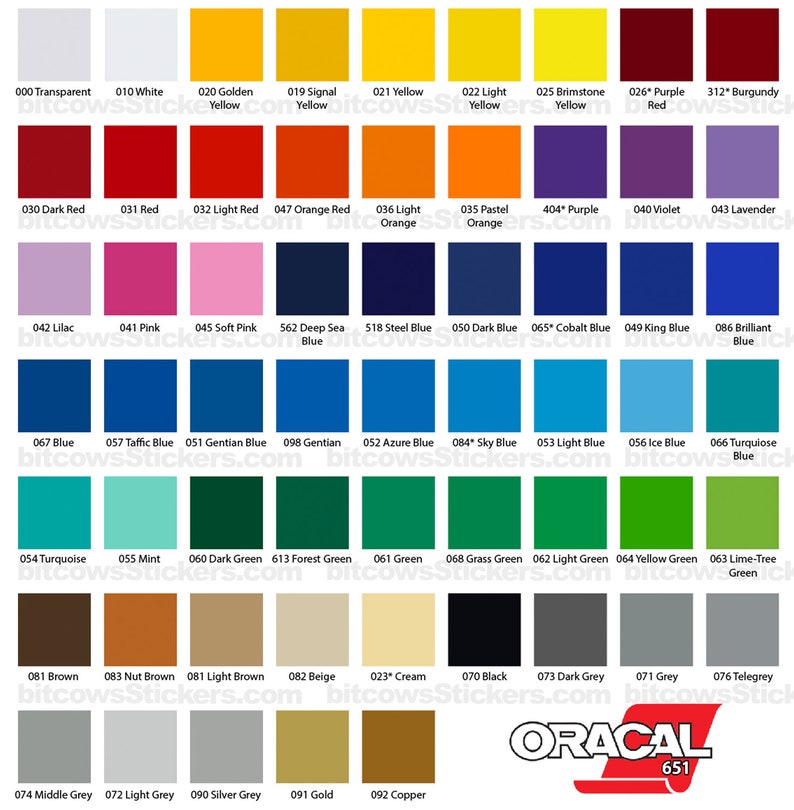 May include: A color chart with 100 different colors, labeled with numbers and names. The chart is made by Oracal and the number 651 is visible in the bottom right corner.