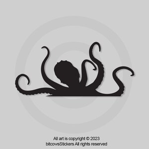 May include: Black silhouette of an octopus with eight tentacles. The octopus is facing the right side of the image.
