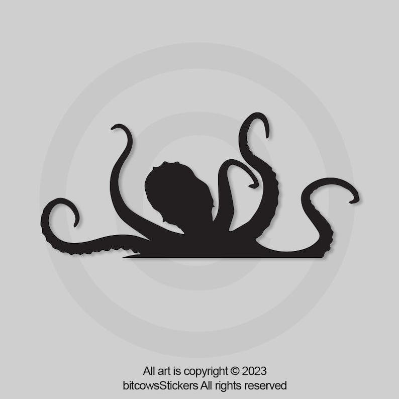 May include: Black silhouette of an octopus with eight tentacles. The octopus is facing the right side of the image.