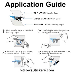 May include: A step-by-step guide on how to apply a vinyl decal. The guide shows the three layers of the decal: transfer tape, vinyl decal, and backing paper. It also shows how to peel off the transfer tape and backing paper, place the decal on a surface, smooth it out with a credit card, and gently peel off the transfer tape.