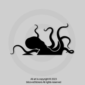 May include: Black silhouette of an octopus with eight tentacles, the octopus is facing left and has a large head.