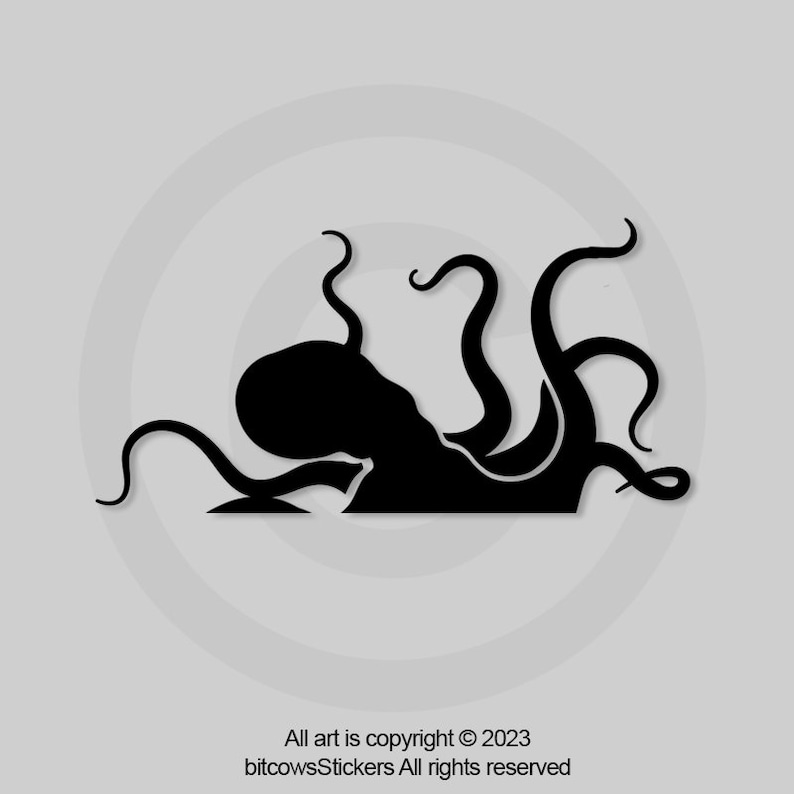 May include: Black silhouette of an octopus with eight tentacles, the octopus is facing left and has a large head.