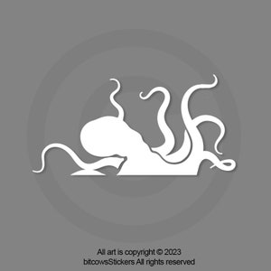 May include: White silhouette of an octopus with eight tentacles, against a gray background.