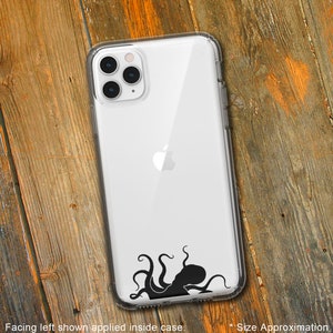 May include: A clear phone case with a black octopus silhouette design. The case is designed for an iPhone with a triple camera lens.