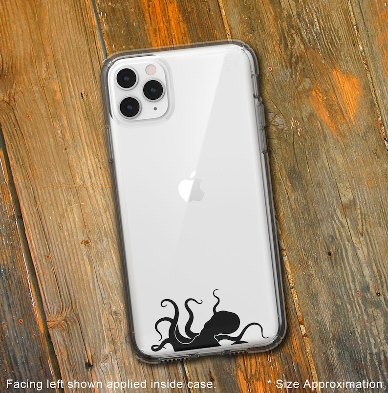May include: A clear phone case with a black octopus silhouette design. The case is designed for an iPhone with a triple camera lens.