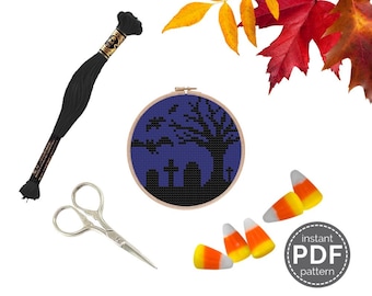 Halloween Cross Stitch Pattern - stitch this haunted hill as spooky DIY Halloween decor for your home. The mini size makes it fast + easy!