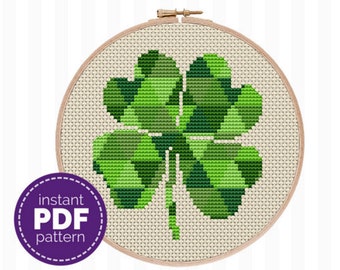 Shamrock Cross Stitch Pattern, Four Leaf Clover Modern Cross Stitch, St Patrick's Cross Stitch, Gift for Him, St Pattys Day Decor, Good Luck