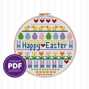 Easter Sampler Cross Stitch Pattern - this modern Easter cross stitch pattern is colorful + cute! It&#39;s very simple + beginner friendly, too!