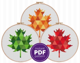 SET of 3 Maple Leaf Cross Stitch Patterns Seasons Cross Stitch Pattern Fall Leaves Embroidery Pattern Spring Summer Cross Stitch B2G1 Free