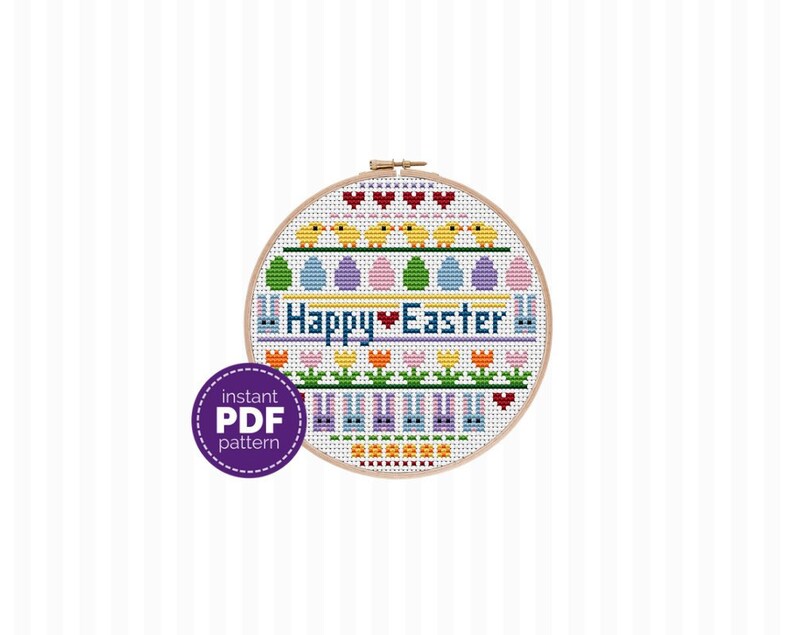 Easter Sampler Cross Stitch Pattern this modern Easter cross stitch pattern is colorful cute It's very simple beginner friendly, too image 1