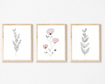 Floral Print Set, Printable Botanical Drawings, Greenery Drawings, Set of 3 Floral Prints, Boho Wall Decor, Minimalist Art Prints