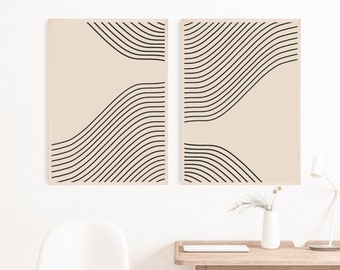 Abstract Wall Art Neutral Tones, Mid Century Modern Set of Two Prints, Beige Geometric, Printable Wall Art, Minimalist Line Drawing