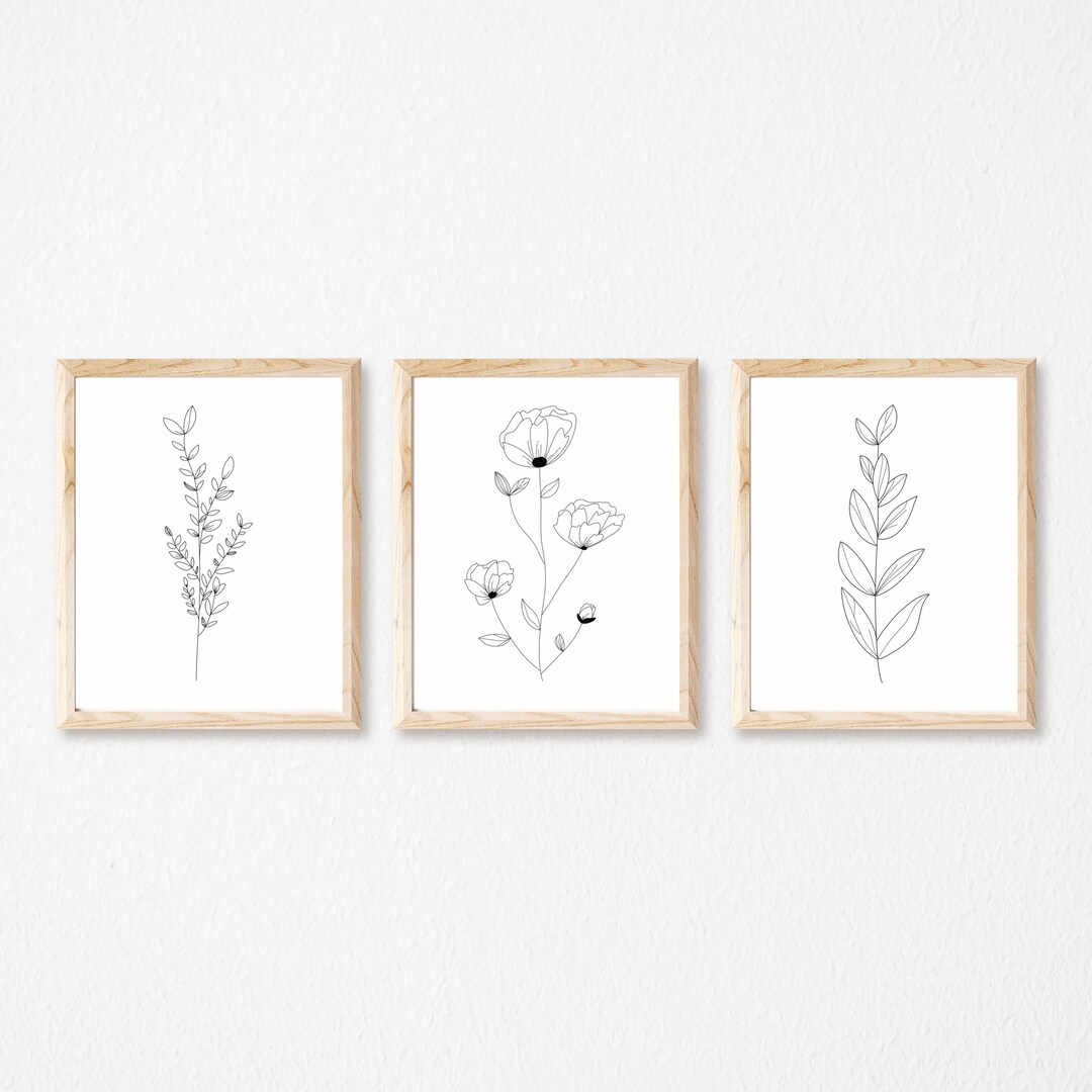 Black and White Floral Prints, Set of 3 Flower Prints, Simple Prints