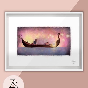 Tangled Rapunzel Lanterns 'See the light' River Illustration Art Print
