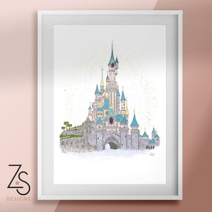 Disneyland Paris - Castillo de la Princesa Durmiente. Dibujo a mano, impresión de ilustración, tamaño A3, A4 o A5