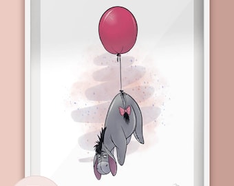 Disney Inspired Donkey - Eeyore with Balloon - Illustration Art Print