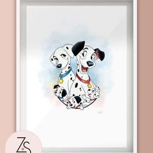 101 Dalmatians Spotty Dogs and Puppies family portrait illustration print - A5 A4 or A3
