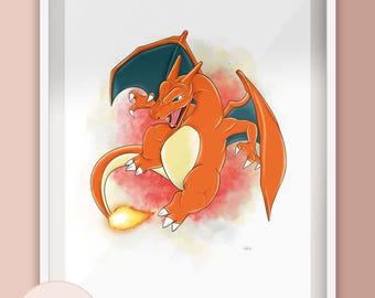 Flying Fire Dragon Illustration Print