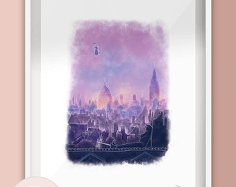 Mary Poppins Rooftops London Skyline Illustration Art Print
