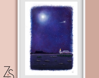 Homer sat on car star gazing scene - Illustration Print - A5 A4 or A3