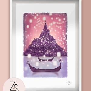 Floating Lanterns See The Light Tangled Rapunzel Castle Boat Scene Illustration Print