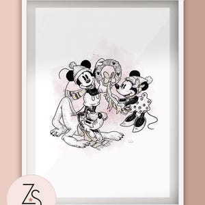 Láminas o tarjetas de felicitación navideñas vintage de Minnie Mouse, Mickey Mouse y Pluto.