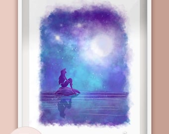 Ariel - Little Mermaid Night time Seascape - Disney Inspired - Illustration Print - A5 A4 A3