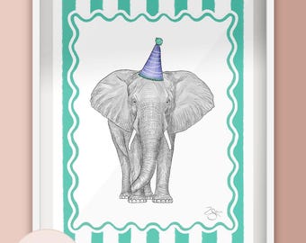 Stripes Party Hat Elephant Illustration Art Print