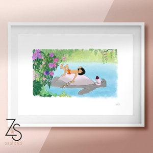 Disney Inspired Jungle Book, Mowgli and Balloo - Boy and Bear River Illustration Print - A5, A4 or A3