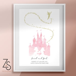 Personalised Disney Castle Watercolour Mickey & Minnie Wedding Print - A5, A4, A3 or 5x7 Card - Pink or Blue