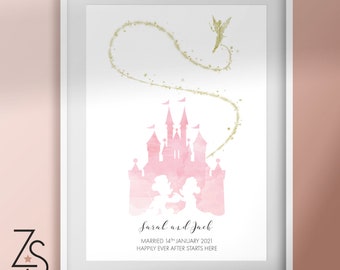 May include: A pink watercolor illustration of a fairytale castle with a couple silhouetted in front of it. A gold glitter trail leads to the castle from a fairy flying above. The text below reads "Sarah and Jack Married 14th January 2021 Happily Ever After Starts Here."